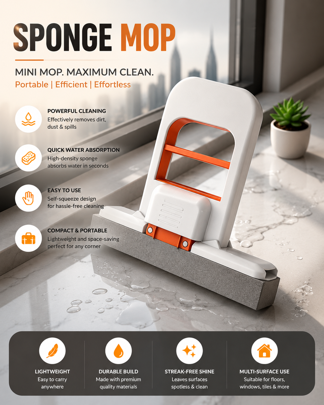 Mini Foldable Sponge Mop, Self-Squeeze Desktop Mop for Small Spaces, Wet & Dry Portable Cleaning Tool for Kitchen Countertops
