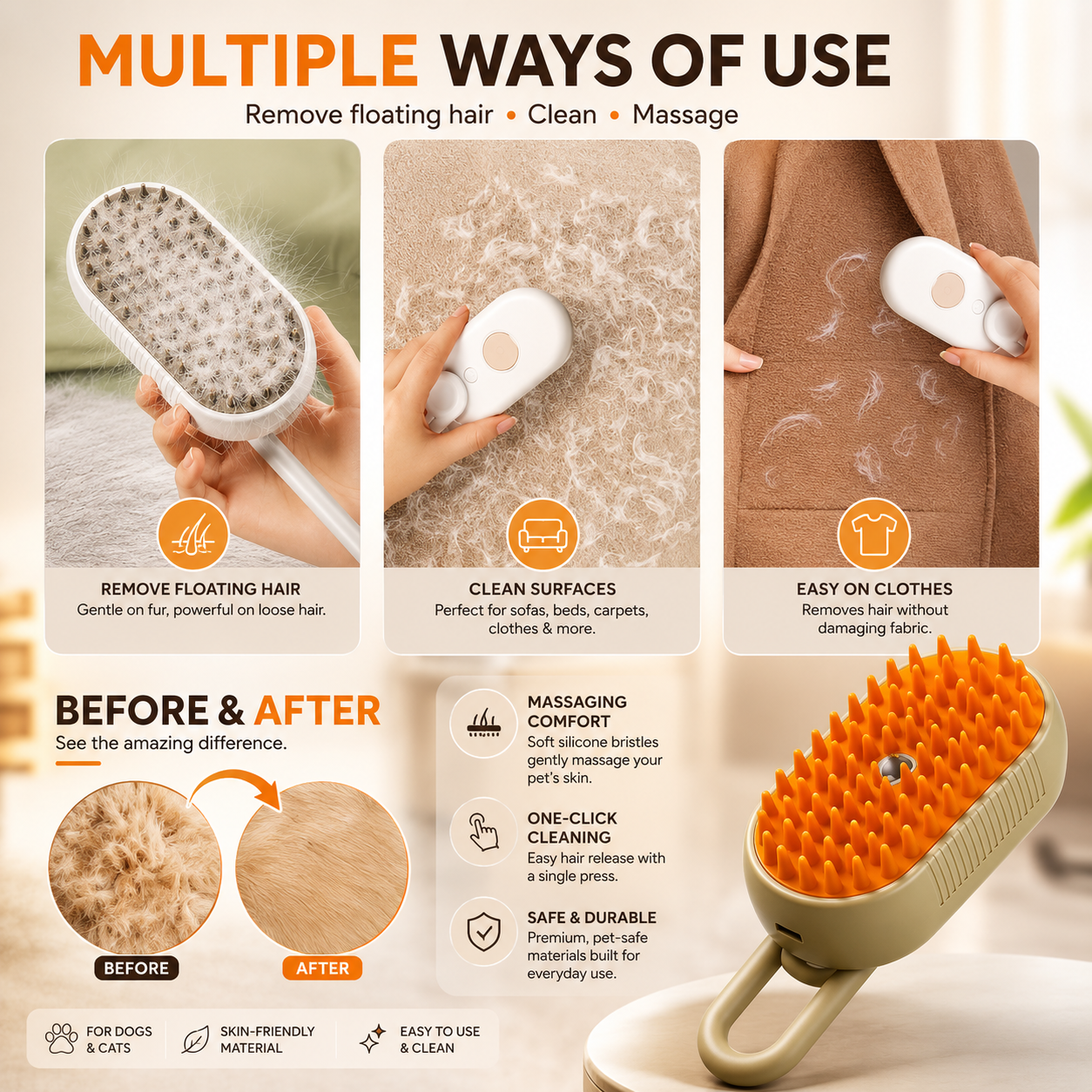 Premium 3-in-1 Pet Grooming Brush | Self-Cleaning Steam Grooming Comb for Cats & Dogs
