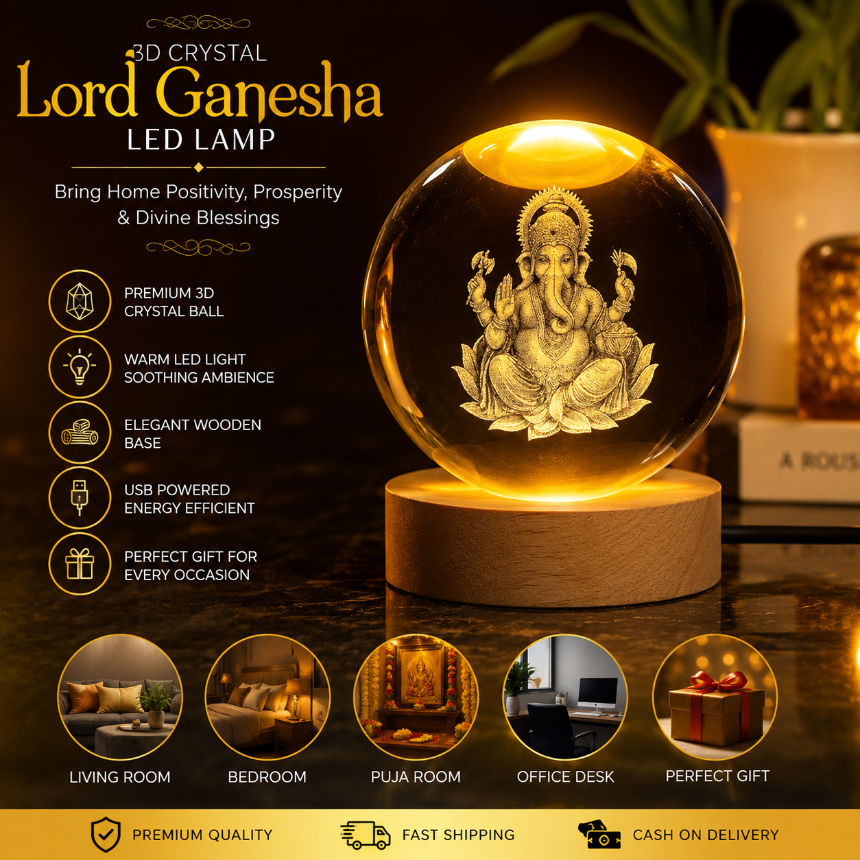 Ganesh ji 3D Crystal Ball Night Lamp