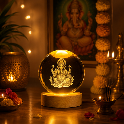 Ganesh ji 3D Crystal Ball Night Lamp